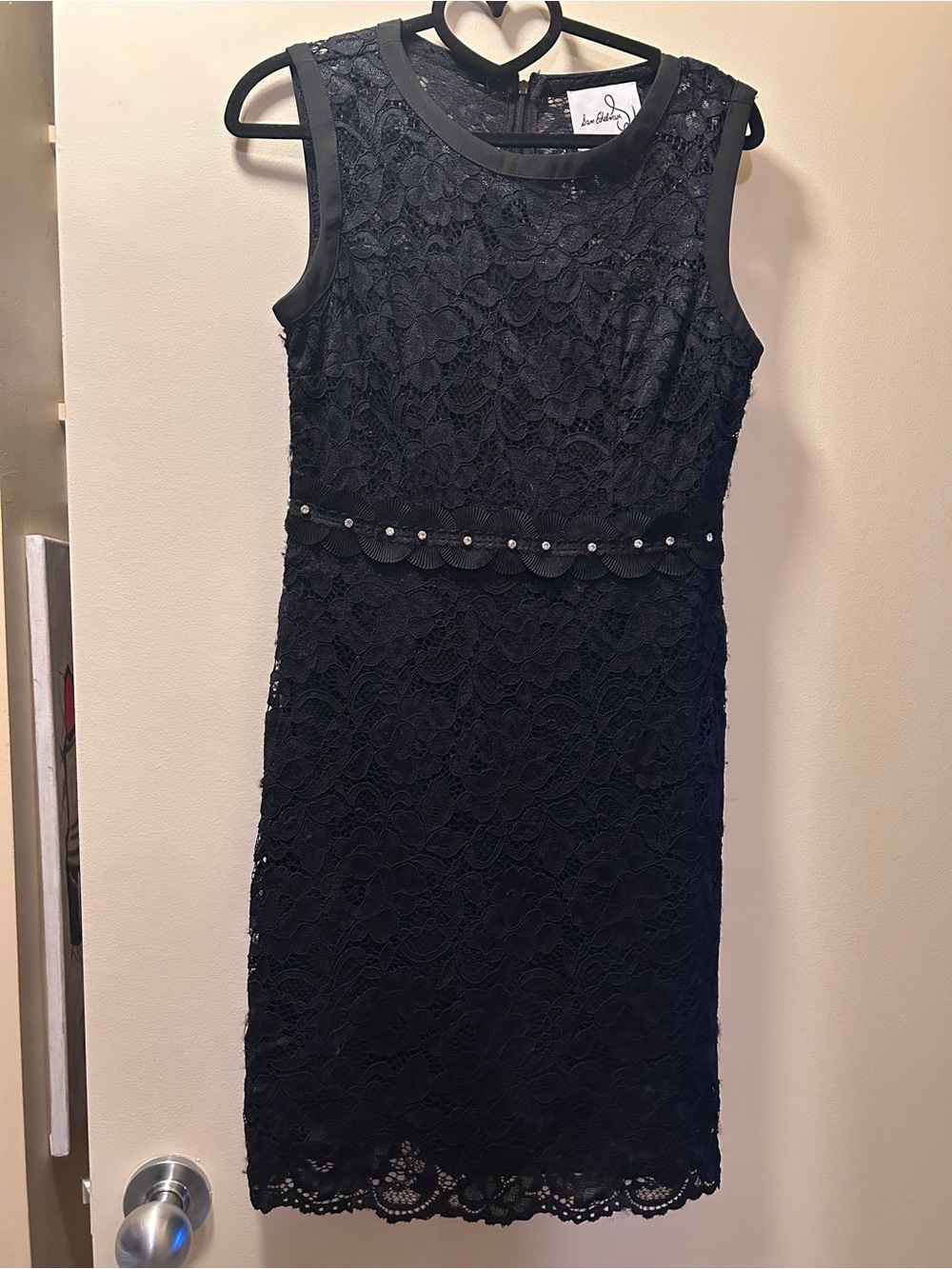 Sam Edelman Black Lace Sheath Dress with Scalloped Waist and rhinestones